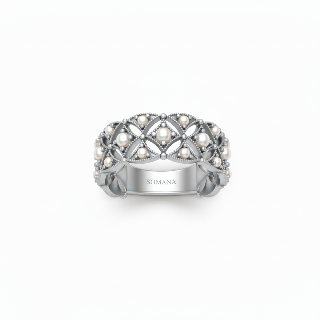 Lattice pearl ring in white gold - same size