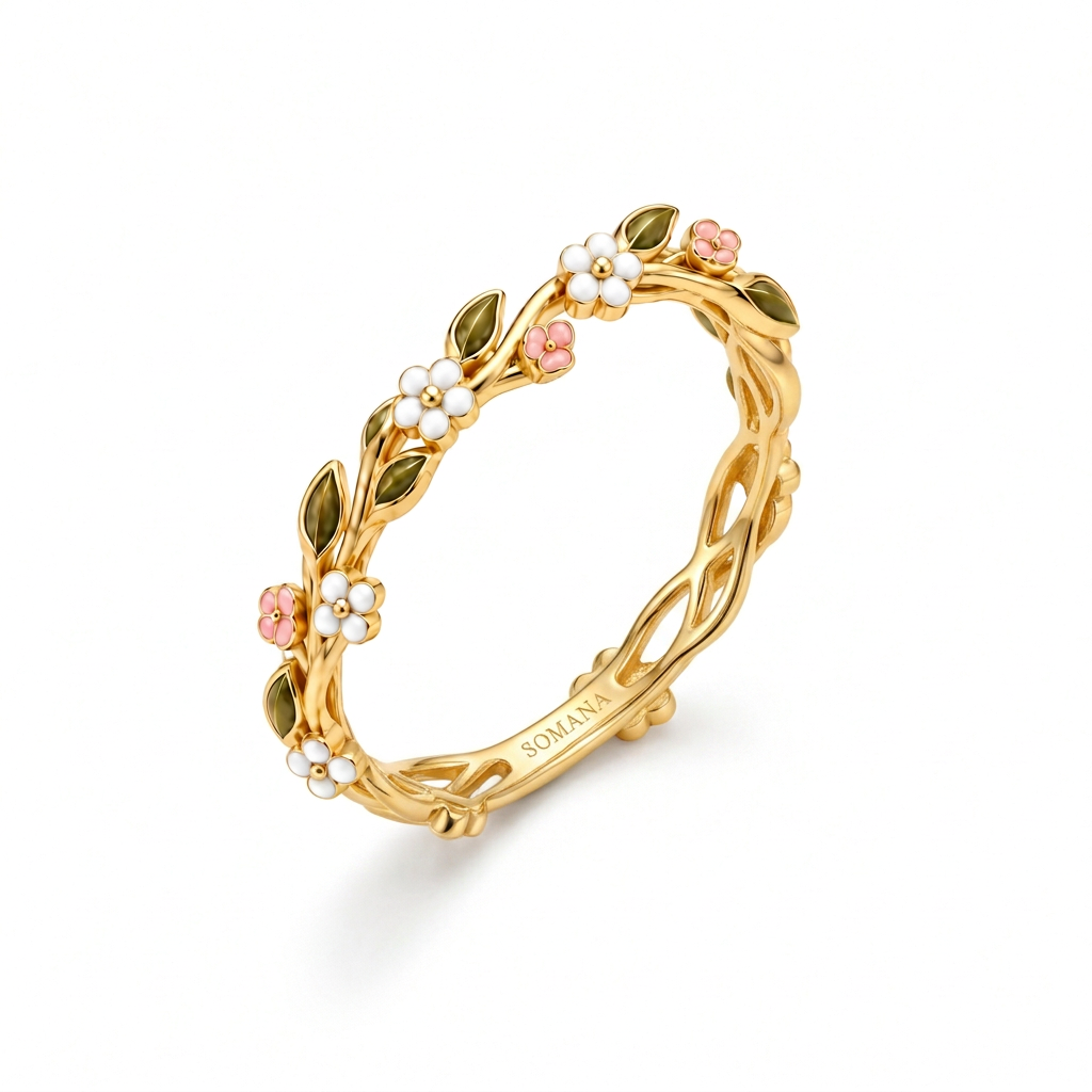 Ring revised with a continuous gold-branch band instead of a solid inner strip, preserving the floral design