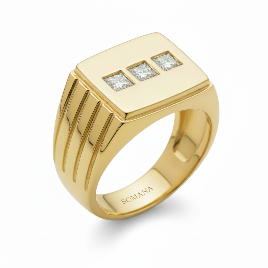 SOMANA Trilogy Diamond Signet Ring – Engraved Inner Band