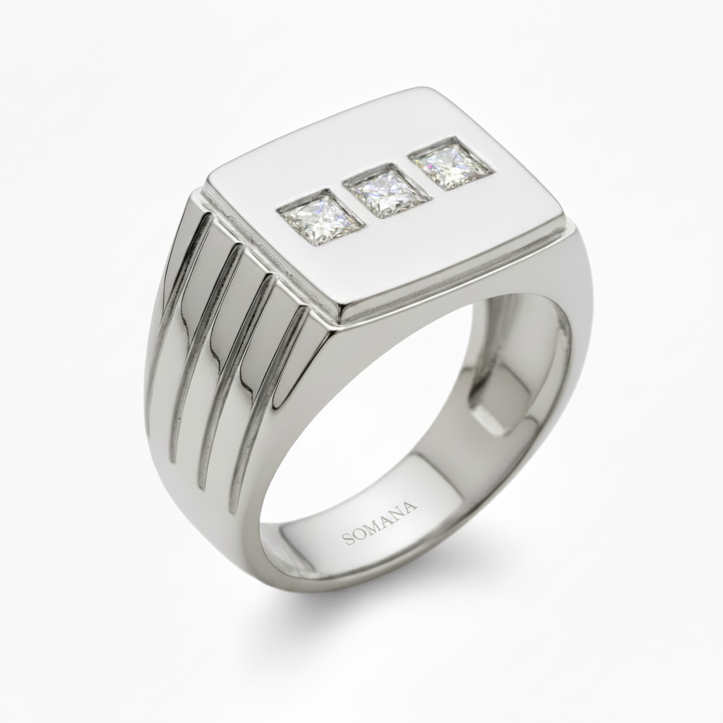 SOMANA Trilogy Diamond Signet Ring – White Gold Wide Frame