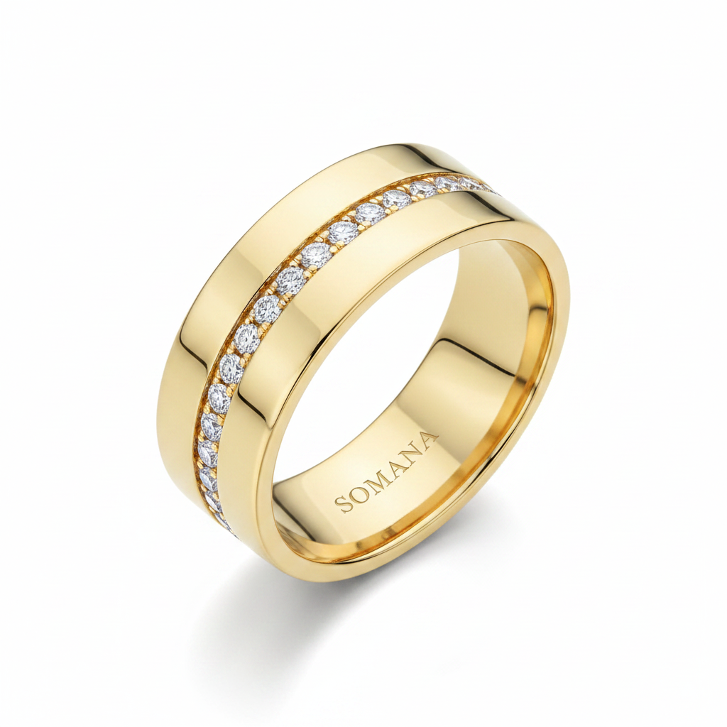 SOMANA Yellow Gold Band Ring — Thin Diamond Line