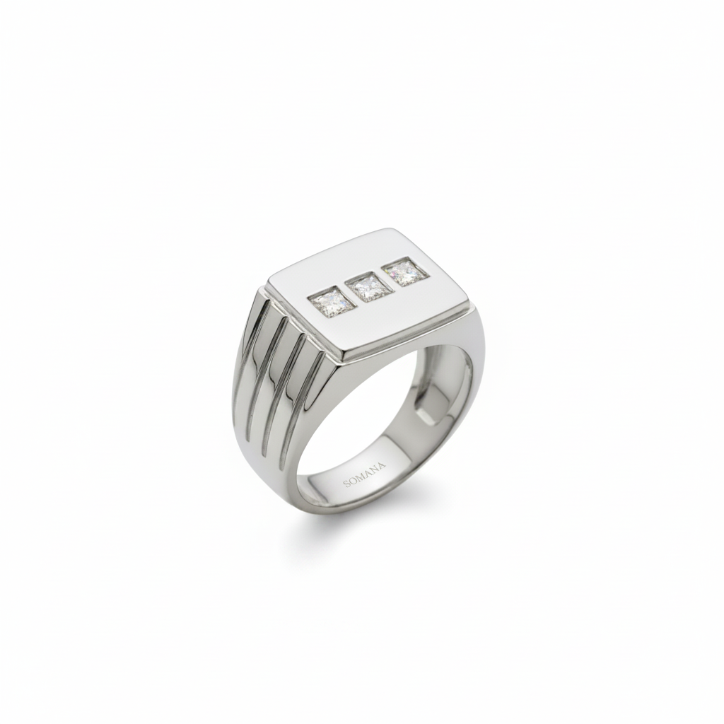 Trilogy Diamond Signet Ring – White Gold, Zoomed Out